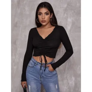 Manga Longa Gringa Cropped Drapeado Feminino - Rose  Bebe