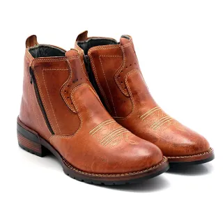 Bota Texana Masculina Couro Legítimo Zíper Cano Curto Sola Costurada - CAFE