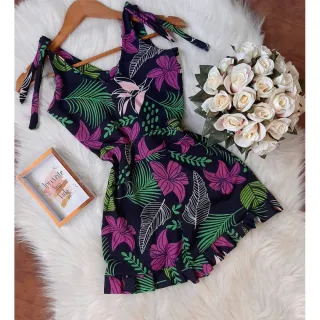 Conjunto feminino Deluxe: macaquinho 34 ao 50, conforto e elegância - Azul-piscina Botão de coco