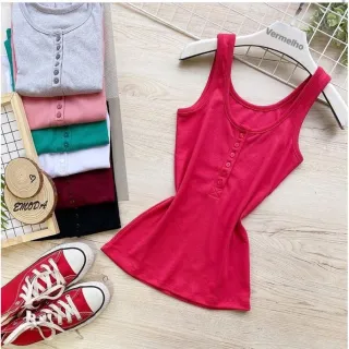 Malha canelada algodão regata botão aberto - Preto