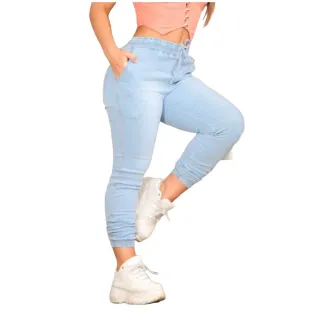 Calça Jogger Feminina Cintura Alta Destroyed Jeans Jog03 - Azul Claro