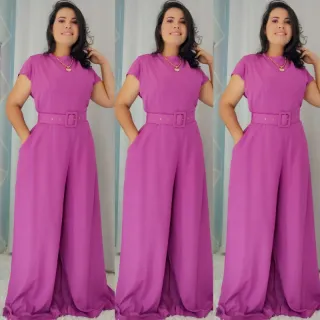 Moda Plus Size e Evangélica - Macacão Pantalona Social P/M/G/GG/XG com Cinto e Mangas - Telha-viscolinho