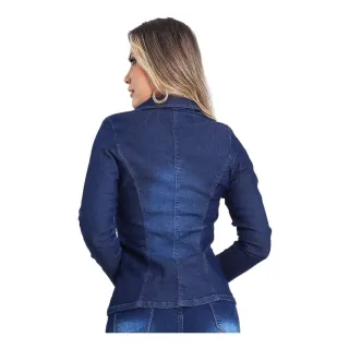 Moda Inverno 2022: Blazer Jeans Feminino Social Lycra Lançamento - Azul-Escuro