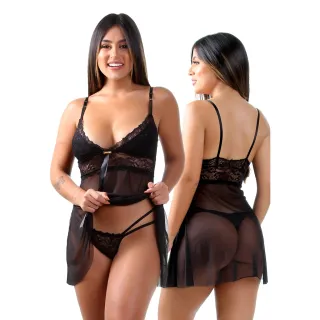 Roupa de dormir sensual feminina em renda e tule transparente - ViDa Store - Vermelho