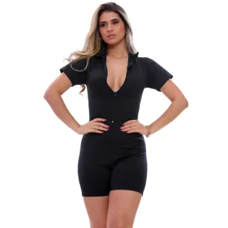 Fitness Macacão Gringo Zíper Shorts - Preto