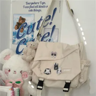 Bolsa Coreana Retrô de Nylon - Grande Capacidade Harajuku - Preto + Emblema + Dinossauro