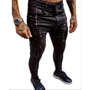 Calça Masculina Super Skinny Splash Destroyed Preta Rasgado - 38