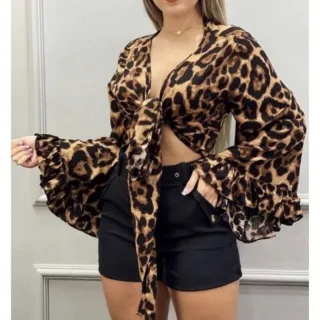 Roupa Feminina Cropped Blusa Manga Flare Babado - Fúcsia