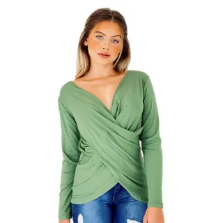 Blusinha Feminina Decotada Manga Longa Transpassada Cruzada em Cores Variadas - Vermelho