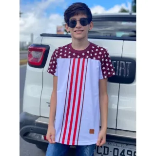 Camiseta Long Line Masculina Listrada - Promoção - Vermelho com branco infantil