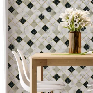 Azulejo Cozinha Papel de Parede Mármore Pedra Preta e Branca Linhas Douradas Lavável 3m - Único