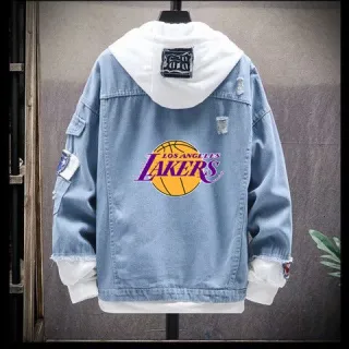 Jaqueta Jeans Masculina NBA Lakers James Coreana Casual - Logotipo quente azul claro