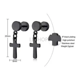 Brinco Barbell Style Cross Pendurado com Cruz em Aço Inoxidável Unisex - Prata, Preto, Dourado - uni preto