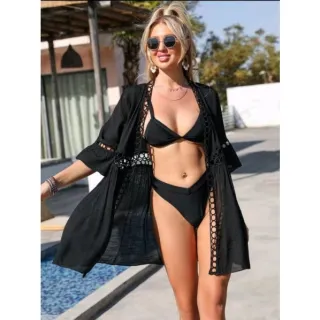 Quimono longo simples para piscina e banho - Saída de praia feminina - 3renda preto