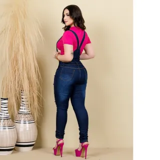 Jeans Macaquinho Feminino Cintura Alta Escuro - Jardineira - Macacão Claro Com Detonado