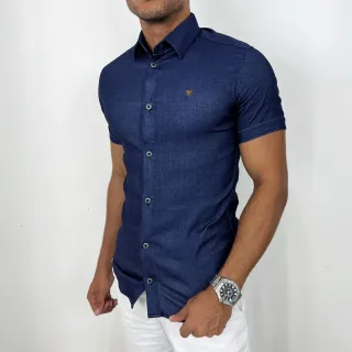 Camisas sociais masculinas slim manga curta em jeans - Kit com duas unidades - 1 Jeans Claro+ 1 Preto Azulado