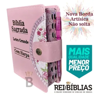 Bíblia Feminina Rosa com Letra Grande - Harpa, Botão e Caneta - Único