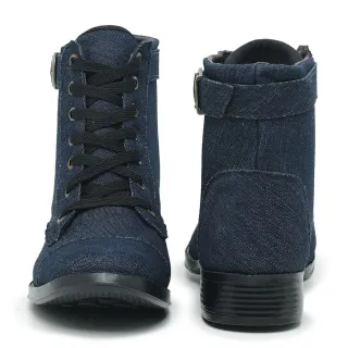 Coturno Confortável Feminino - Bota Militar Estilo Médio Cano - jeans