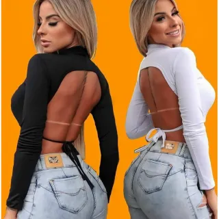 Moda Instagram: Cropped Manga Longa Gola Alta com Bojo - Costa Nua - Preto