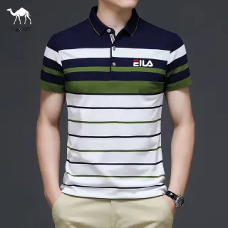 (3 Cores) Camiseta Polo Masculina Listrada de Algodão - Gola Lapela - Green