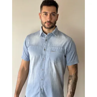 Premium Manga Curta Social Jeans Camisa - JEANS DESTROID