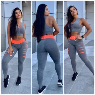 Top Detonado Calça Leg - Conjunto Ginástica Academia - PRETO/LARANJA