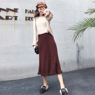 Rabo de Peixe em Linha A: Saia de Malha de Lã Feminina, Estilo Coreano, Comprimento Médio - Preto