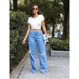 Calça Pantalona Jeans Feminina Wide Leg Cintura Alta 2022 - Azul claro  drestroyed