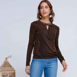 Blusa Lurex Manga Longa com Aplicações em Pedraria na Gola - Vermelho