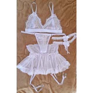 Conjunto de Lingerie com Saia de Liga em Tule e Renda (Bruna) - PRETO COM PERSEX