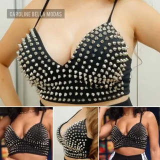 Top cropped de amarrar com pedraria spike e ajuste nas costas - Preto Spike prata