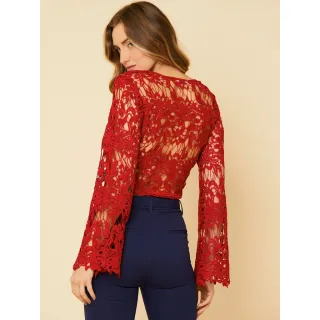 Cropped Feminino Manga Longa Renda Com Forro - Blusa Fler - Branca