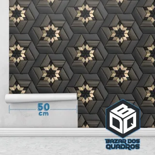 Papel de Parede Lavável Autocolante Geométrico Flor 3D Dourado e Cinza Escuro - Sala Quarto - Único