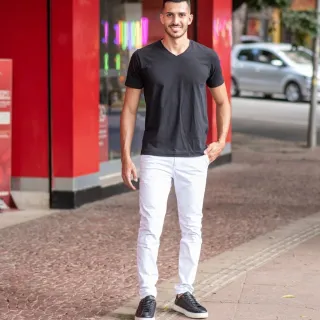 Calça Slim Masculina Jeans Branca Premium com Elastano - Jeans escura