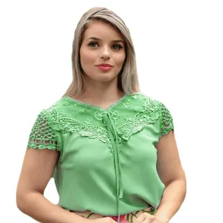 Blusas Femininas Manga Curta Social em Crepe - Linda Evangelica - Vermelho