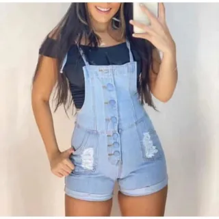 Jardineiras botão encapado jeans/Macaquinho/Macacão - Claro