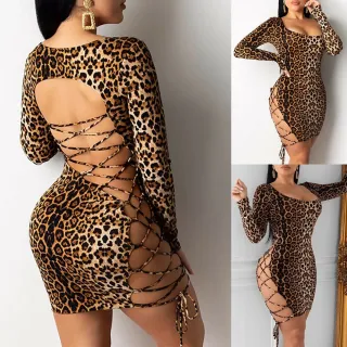 Estampa de Leopardo Vestido Curto Slim com Manga Comprida - Impressão de leopardo-S