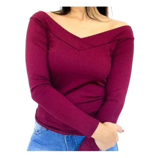 Blusinha Ombro a Ombro Canelada Manga Longa Frio Decote Em V com Bojo - Vinho