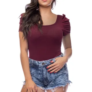 Moda feminina: Body Princesa Canelado com Manga Bufante e Bojo - Preto