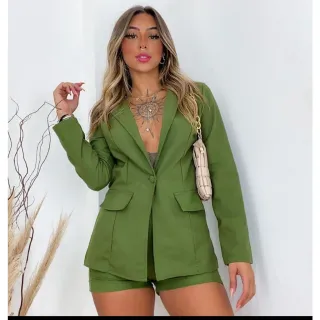 Tendência Conjunto Blazer Manga Longa e Short Linho P ao GG Feminino - Vermelho