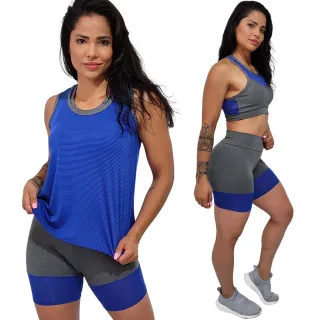 Roupa Academia Camiseta Regata Bermuda Fitness Top Bojo 3 Peças - Azul