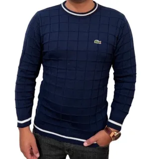 Suéter manga longa masculina com detalhes na gola e mangas - Azul marinho/c cinza