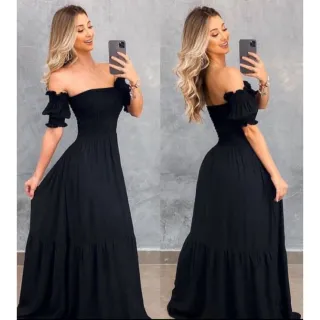 Moda Evangélica Vestido Longo Ombro a Ombro Viscolinho Ciganinha Veste 36 ao 46 Com Forro - Vermelho