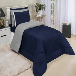 4 Peças Kit Edredom Solteiro Dupla Face Ternura - CINZA/ROSA