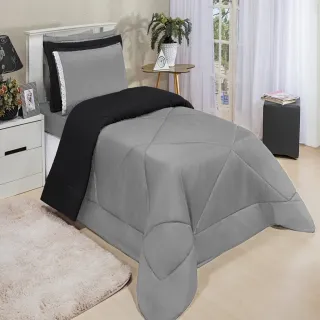 4 Peças Kit Edredom Solteiro Dupla Face Ternura - CINZA/ROSA