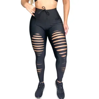 Legging Preta Rasgada + Top Fitness Cós Alto - Conjunto Academia - P