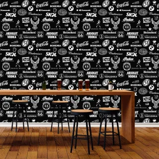 Decoração Gourmet: Papel de Parede Preto e Branco com Tema de Marcas de Cervejas - Único