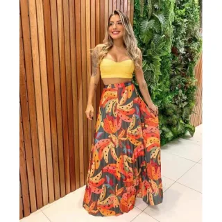 Nova coleção moda feminina: Saia plissada longa 2022 (Cod. 004) - Verde Militar