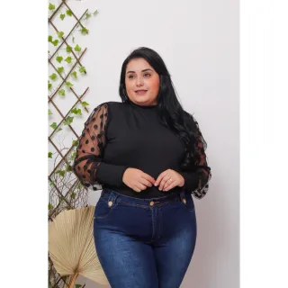 Manga Longa Plus Size Blusa Canelada Gola Alta Tule - Branco