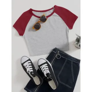 Moda Feminina Camiseta Raglan Cropeed Duas Cores - CINZA MESCLA / AZUL MARINHO